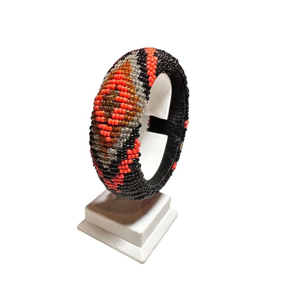 Aztec Pattern Black and Orange Beaded Bangle Statement Bracelet - Picture 8 of 8
